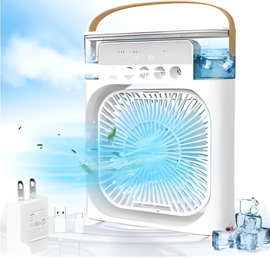 The Little Portable Comfort: USB- Powered Mini AC, Table Fan, and Desk Fan with 3 Speed Modes, Mist Function, and 7 Colors LED Light, Ideal for Home Use ( White )