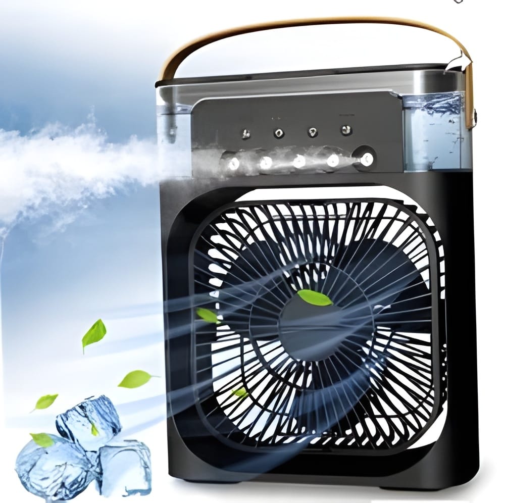 The Little Portable Comfort: USB- Powered Mini AC, Table Fan, and Desk Fan with 3 Speed Modes, Mist Function, and 7 Colors LED Light, Ideal for Home Use ( Black )