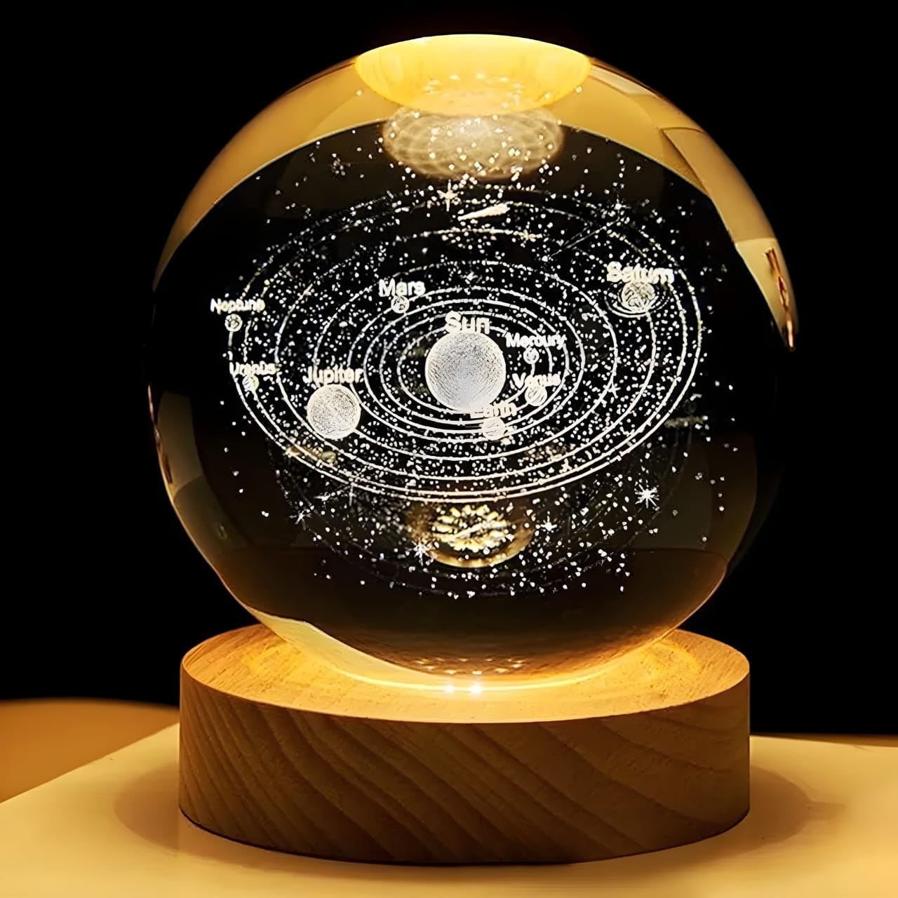 3D Space Galaxy Planet Crystal Ball Night Light Ball with Wooden Base Night Lamp (5 cm, CLEAR)